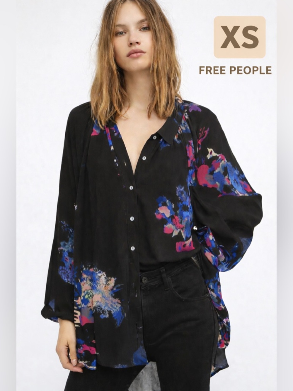 Free People Meadowlark black Floral Button Up Blouse women Sz XS artsy oversized
